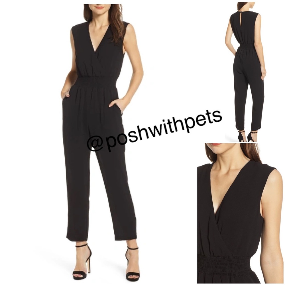 WAYF NWT Fallon Smocked Jumpsuit Sleeveless V Neck Black Smocked Waist Med New